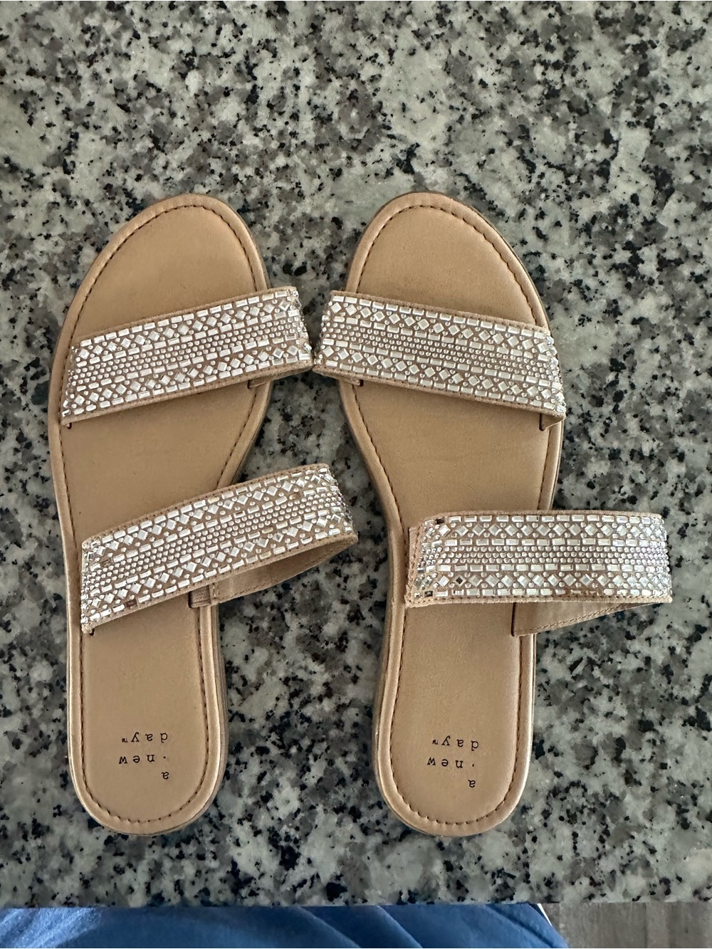 a new day Tan Slide Sandals with Rhinestone Double Straps